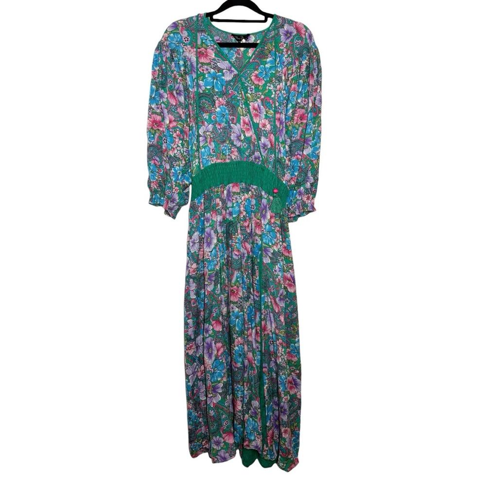 Diane Freis Vintage 80s Silk Green Pink Floral Smocked Waist Midi Dress Flawed